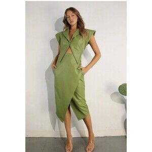MULLA 2-Piece Set Womens Sage Green Cropped Vest Top Midi Wrap